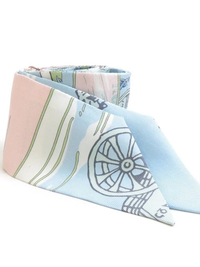 Auth Hermes Twilly Ribbon Scarf Light Blue Silk